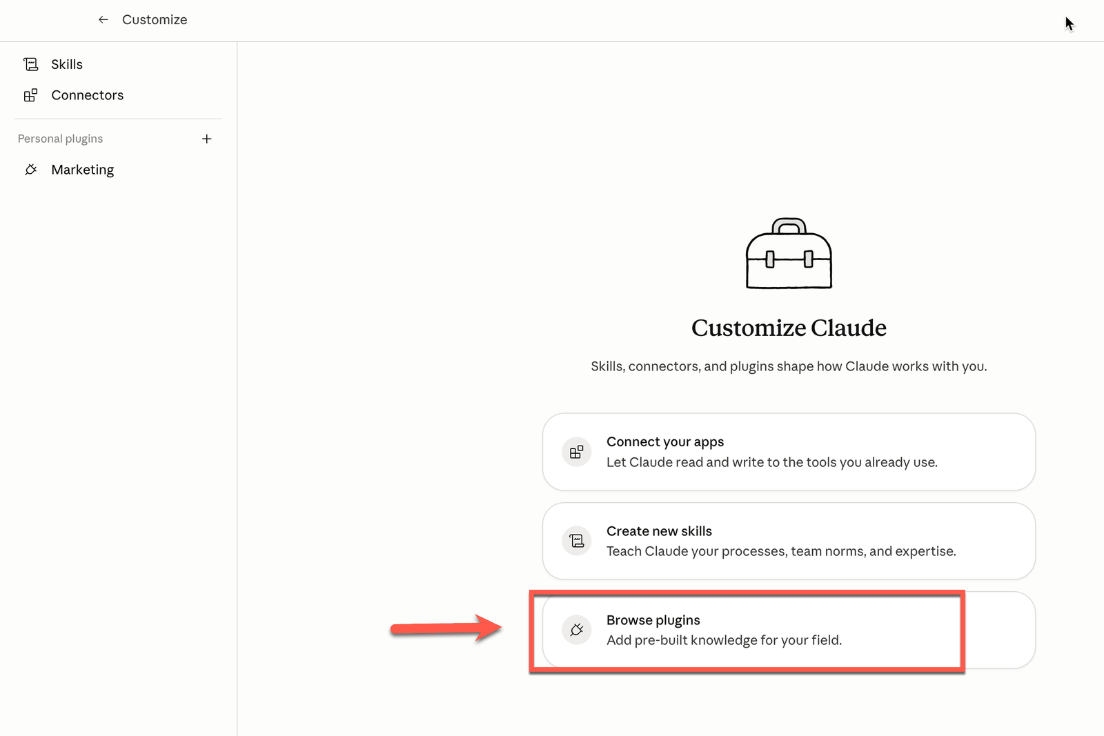Cowork sidebar showing the Customize panel with the plus button