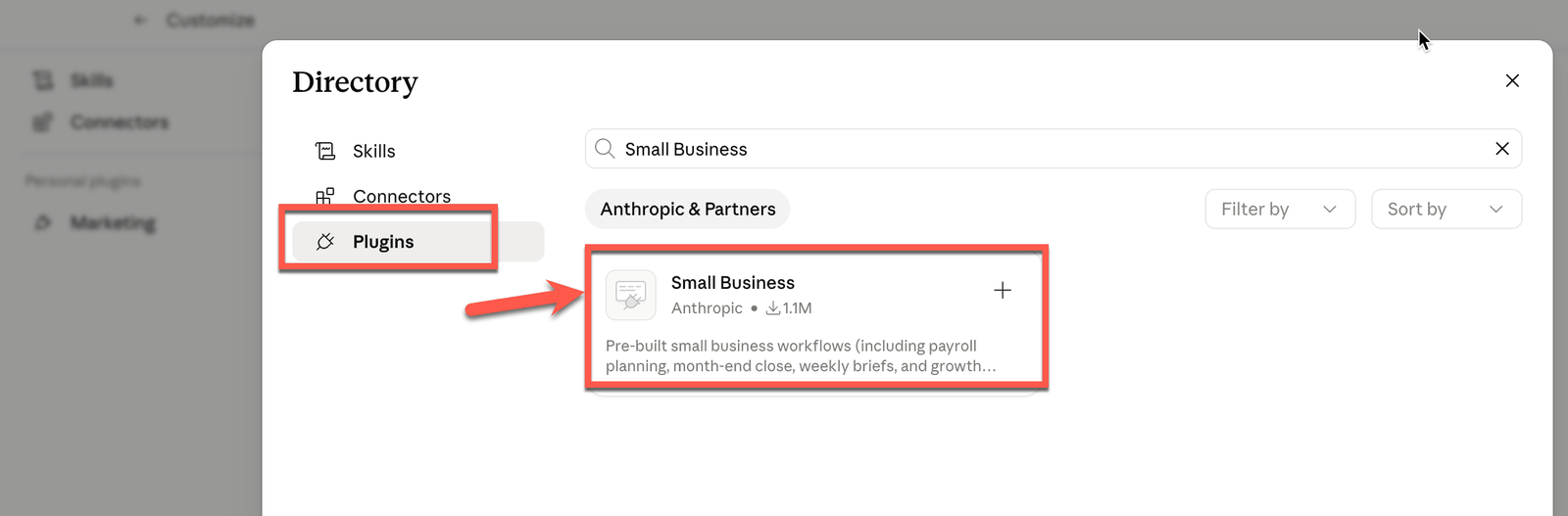 Claude plugin directory showing the Small Business plugin