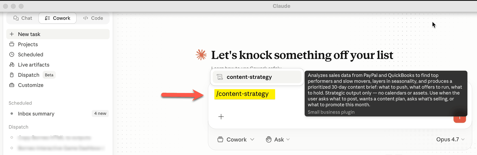 Slash command being typed in Cowork with the skill suggestion dropdown